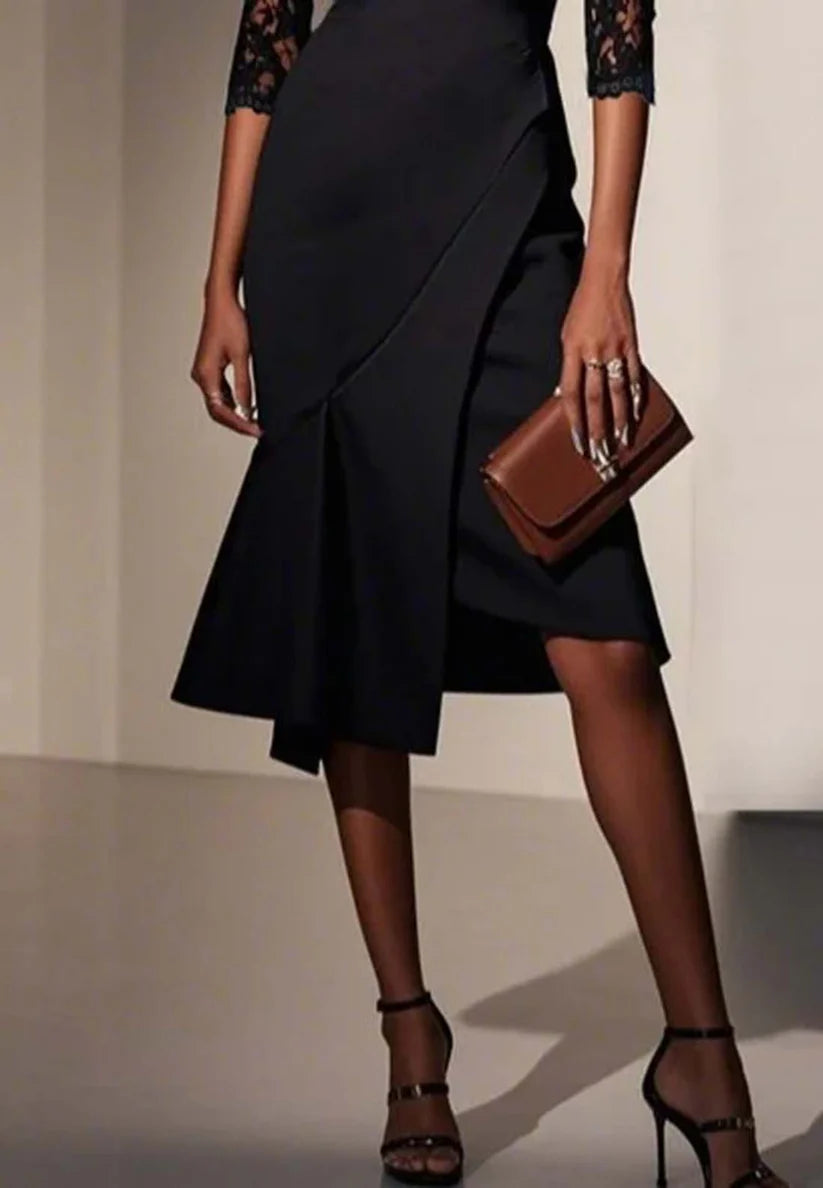 Black Lace Sweetheart Neckline Half Sleeve A-Line Midi Dress simple gentle atmospheric and unique desi Bring summer colors to enhance whiteness