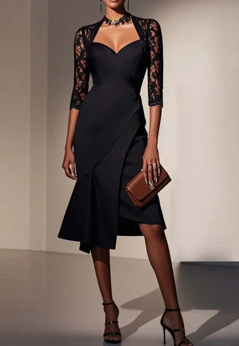 Black Lace Sweetheart Neckline Half Sleeve A-Line Midi Dress simple gentle atmospheric and unique desi Bring summer colors to enhance whiteness