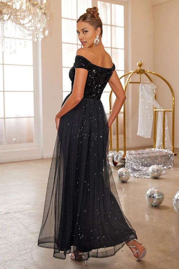 Black Mermaid Off The Shoulder Sequin Long Prom Dress With Tulle simple gentle atmospheric and unique desi