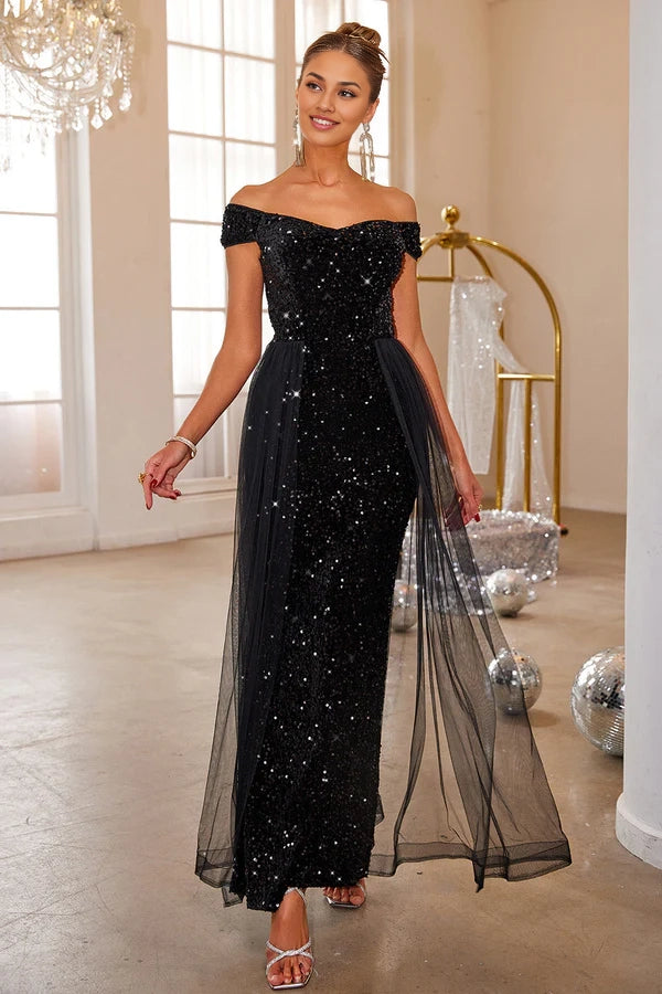 Black Mermaid Off The Shoulder Sequin Long Prom Dress With Tulle simple gentle atmospheric and unique desi