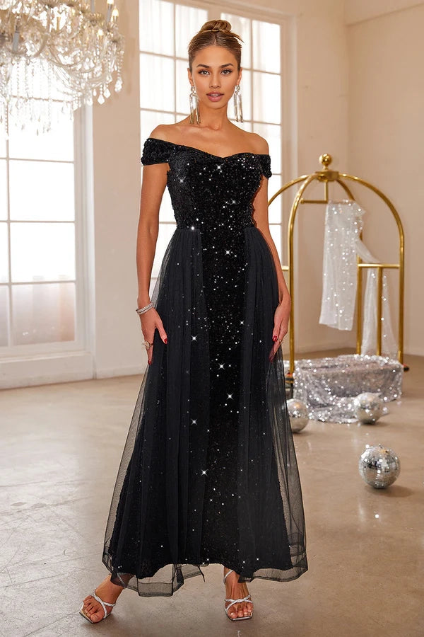 Black Mermaid Off The Shoulder Sequin Long Prom Dress With Tulle simple gentle atmospheric and unique desi