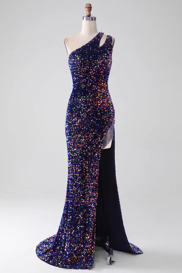 Black Mermaid One Shoulder Sequins Long Prom Dress with Slit simple gentle atmospheric and unique desi