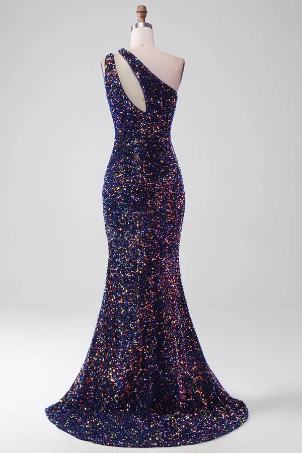 Black Mermaid One Shoulder Sequins Long Prom Dress with Slit simple gentle atmospheric and unique desi