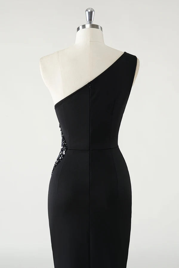 Black Mermaid One Shoulder Sparkly Sequin Ruched Long Prom Dress with Slit simple gentle atmospheric and unique desi Bring summer colors to enhance whiteness