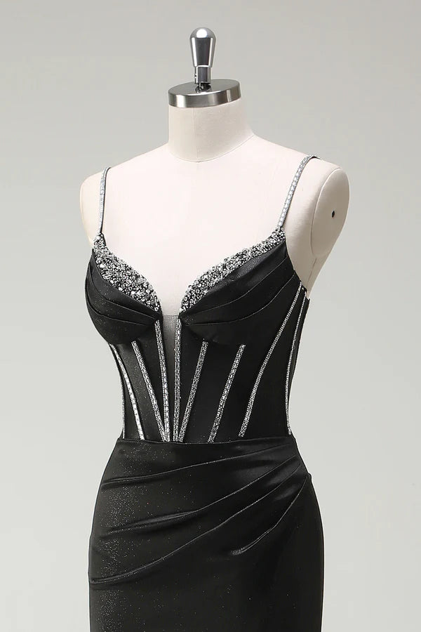 Black Mermaid Spaghetti Straps Corset Long Prom Dress With Slit simple gentle atmospheric and unique desi