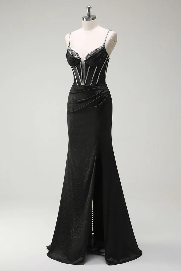 Black Mermaid Spaghetti Straps Corset Long Prom Dress With Slit simple gentle atmospheric and unique desi