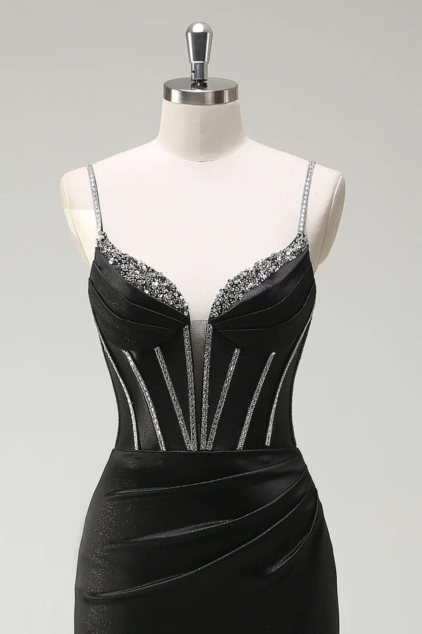 Black Mermaid Spaghetti Straps Corset Long Prom Dress With Slit simple gentle atmospheric and unique desi