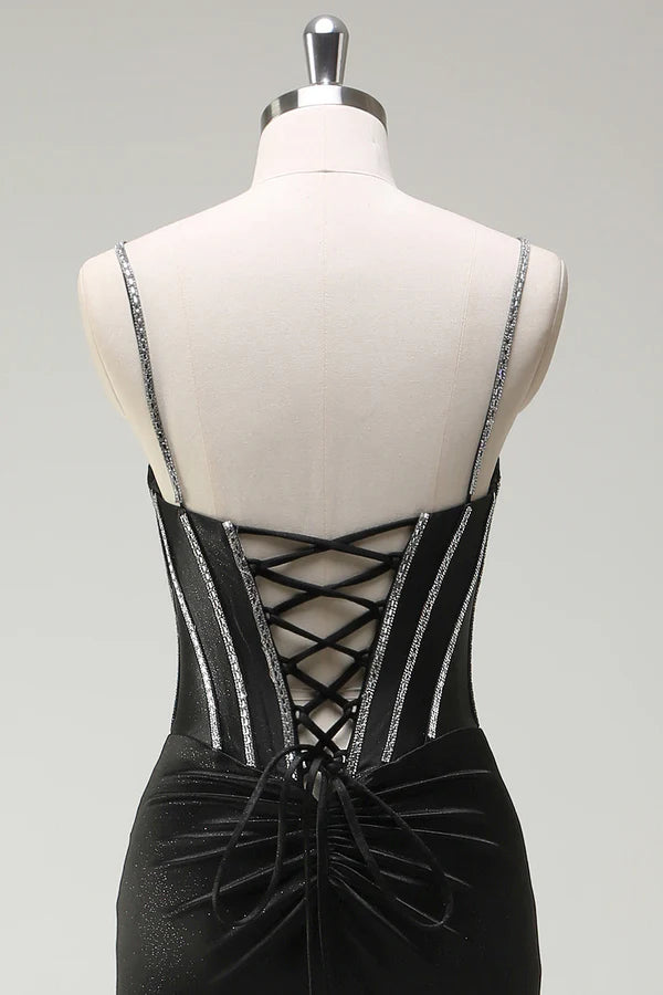 Black Mermaid Spaghetti Straps Corset Long Prom Dress With Slit simple gentle atmospheric and unique desi