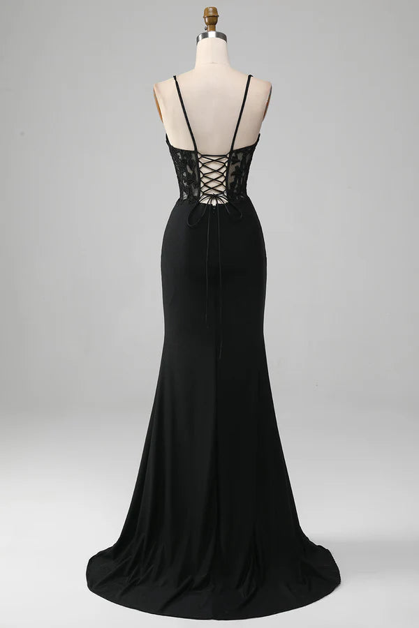 Black Mermaid Spaghetti Straps Corset Prom Dress With Appliques Simple gentle atmospheric and unique desig