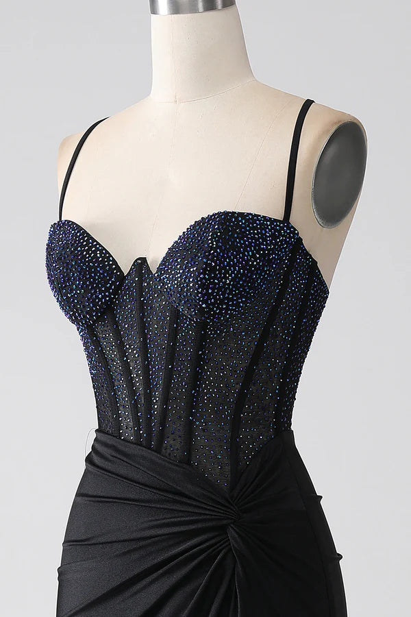 Black Mermaid Spaghetti Straps Long Corset Prom Dress With Beading simple gentle atmospheric and unique desi