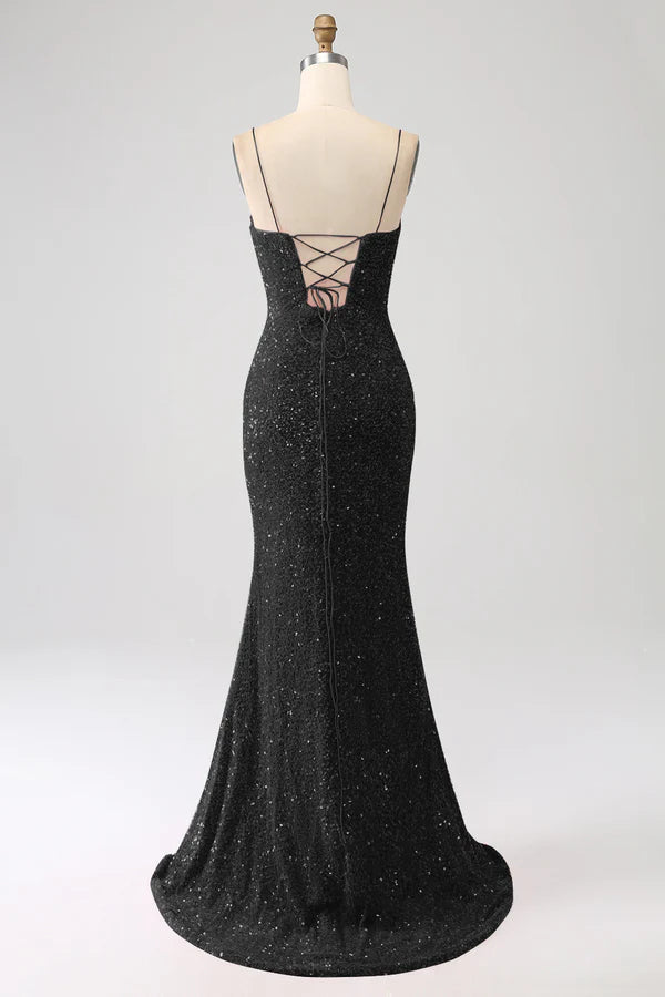 Black Mermaid Spaghetti Straps V-Neck Sequin Long Prom Dress With Split simple gentle atmospheric and unique desi