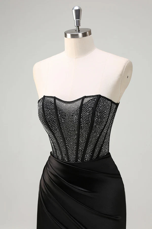 Black Mermaid Strapless Ruched Satin Corset Long Prom Dress with Beading simple gentle atmospheric and unique desi