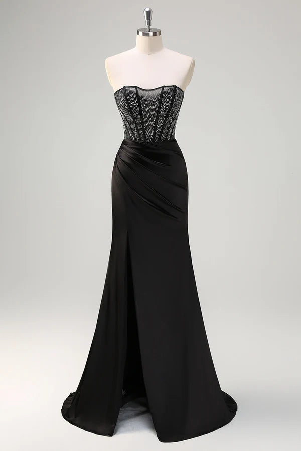Black Mermaid Strapless Ruched Satin Corset Long Prom Dress with Beading simple gentle atmospheric and unique desi