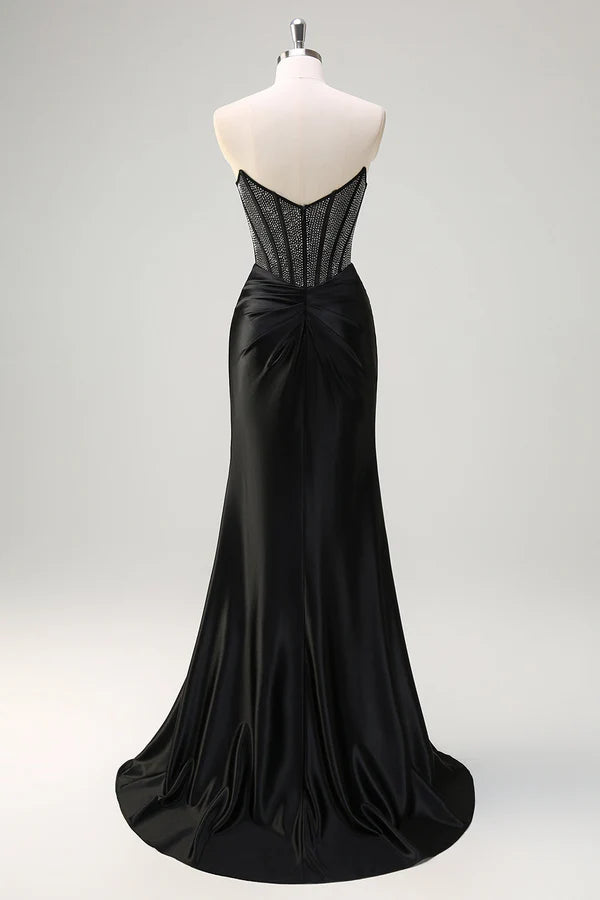 Black Mermaid Strapless Ruched Satin Corset Long Prom Dress with Beading simple gentle atmospheric and unique desi