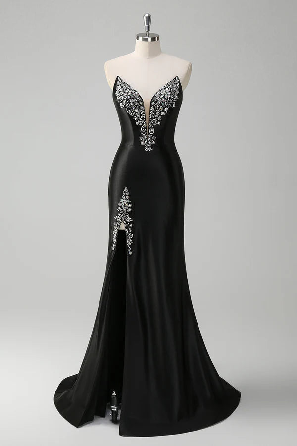 Black Mermaid V Neck Strapless Long Prom Dress with Beading simple gentle atmospheric and unique desi Bring summer colors to enhance whiteness
