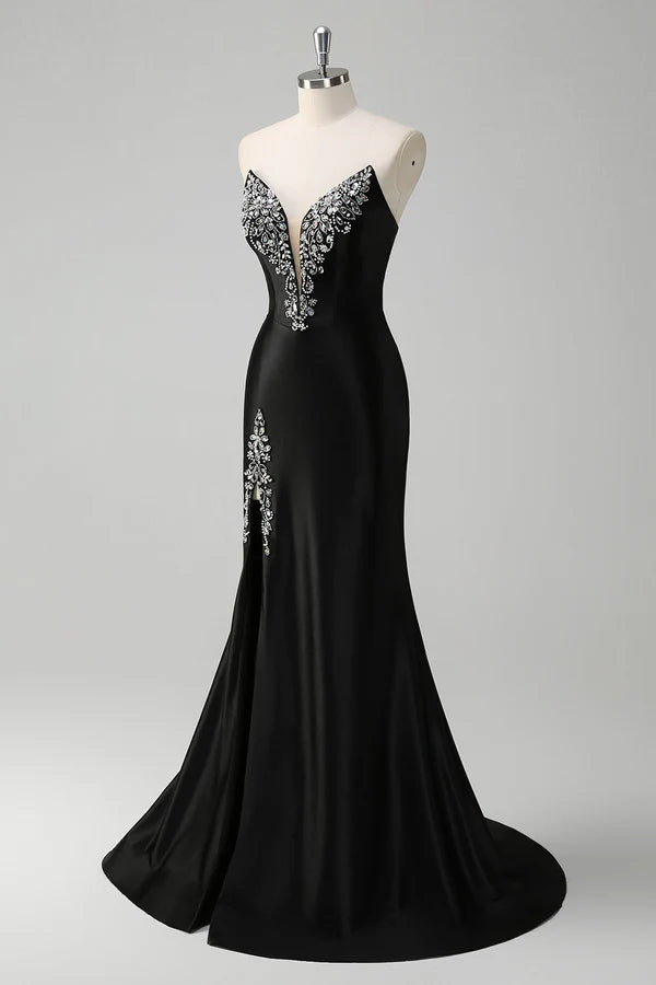 Black Mermaid V Neck Strapless Long Prom Dress with Beading simple gentle atmospheric and unique desi Bring summer colors to enhance whiteness