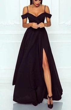 Black Off the Shoulder A-Line Satin Long Prom Dresses with Side Split Formal Party Dresses simple gentle atmospheric and unique desi Bring summer colors to enhance whiteness