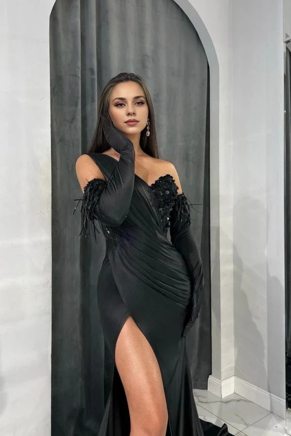 Black One Shoulder Prom Dress Mermaid With Split Simple gentle atmospheric and unique design