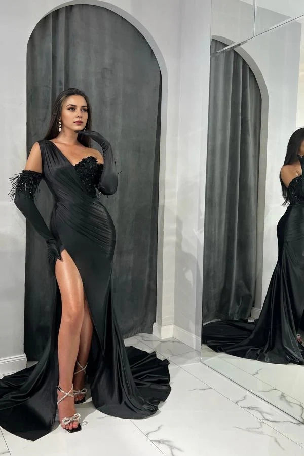 Black One Shoulder Prom Dress Mermaid With Split Simple gentle atmospheric and unique design