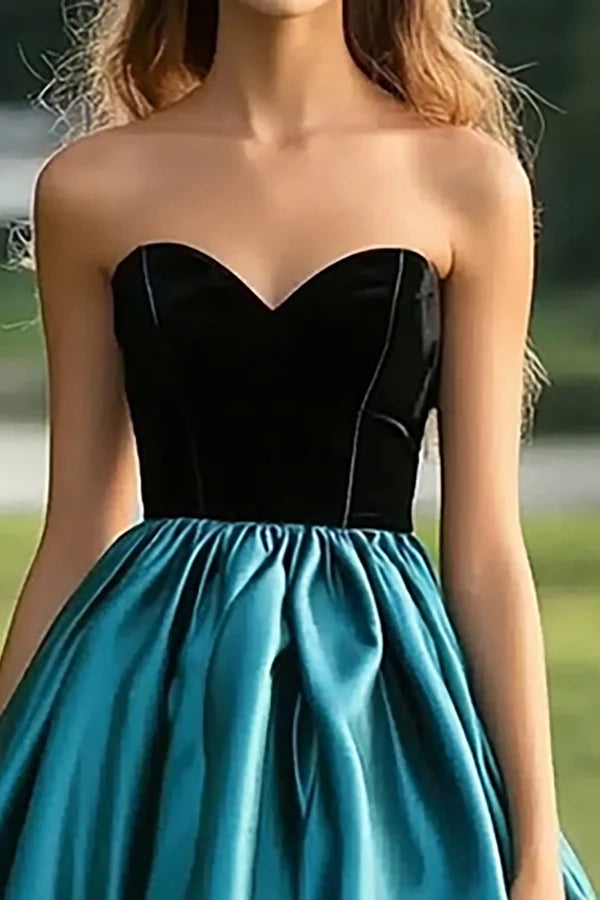 Black Peacock Blue Ball Gown Strapless Satin Pleating Long Prom Dress simple gentle atmospheric and unique desi Bring summer colors to enhance whiteness