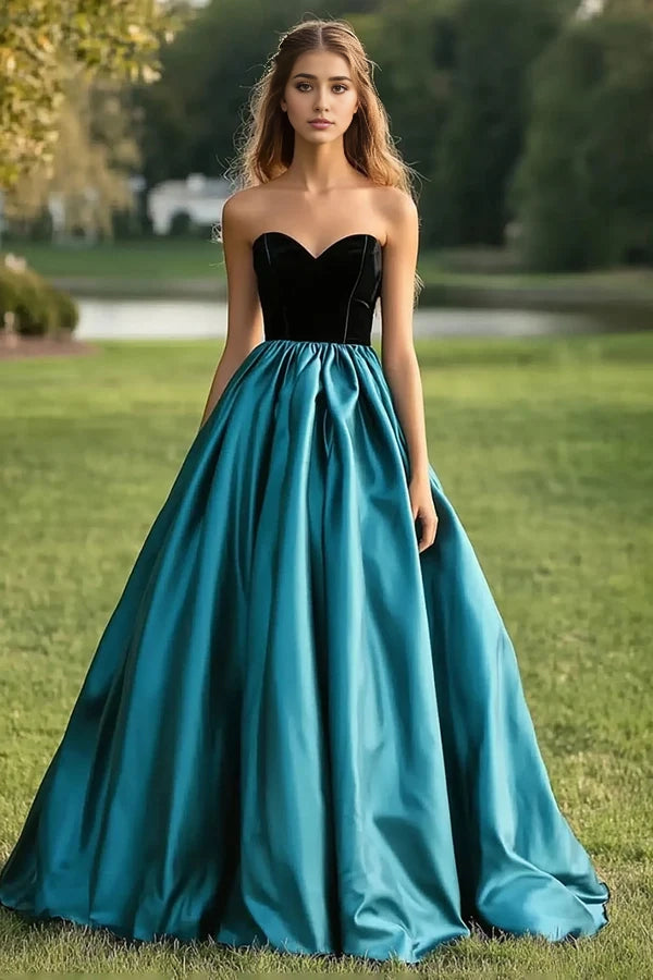 Black Peacock Blue Ball Gown Strapless Satin Pleating Long Prom Dress simple gentle atmospheric and unique desi Bring summer colors to enhance whiteness