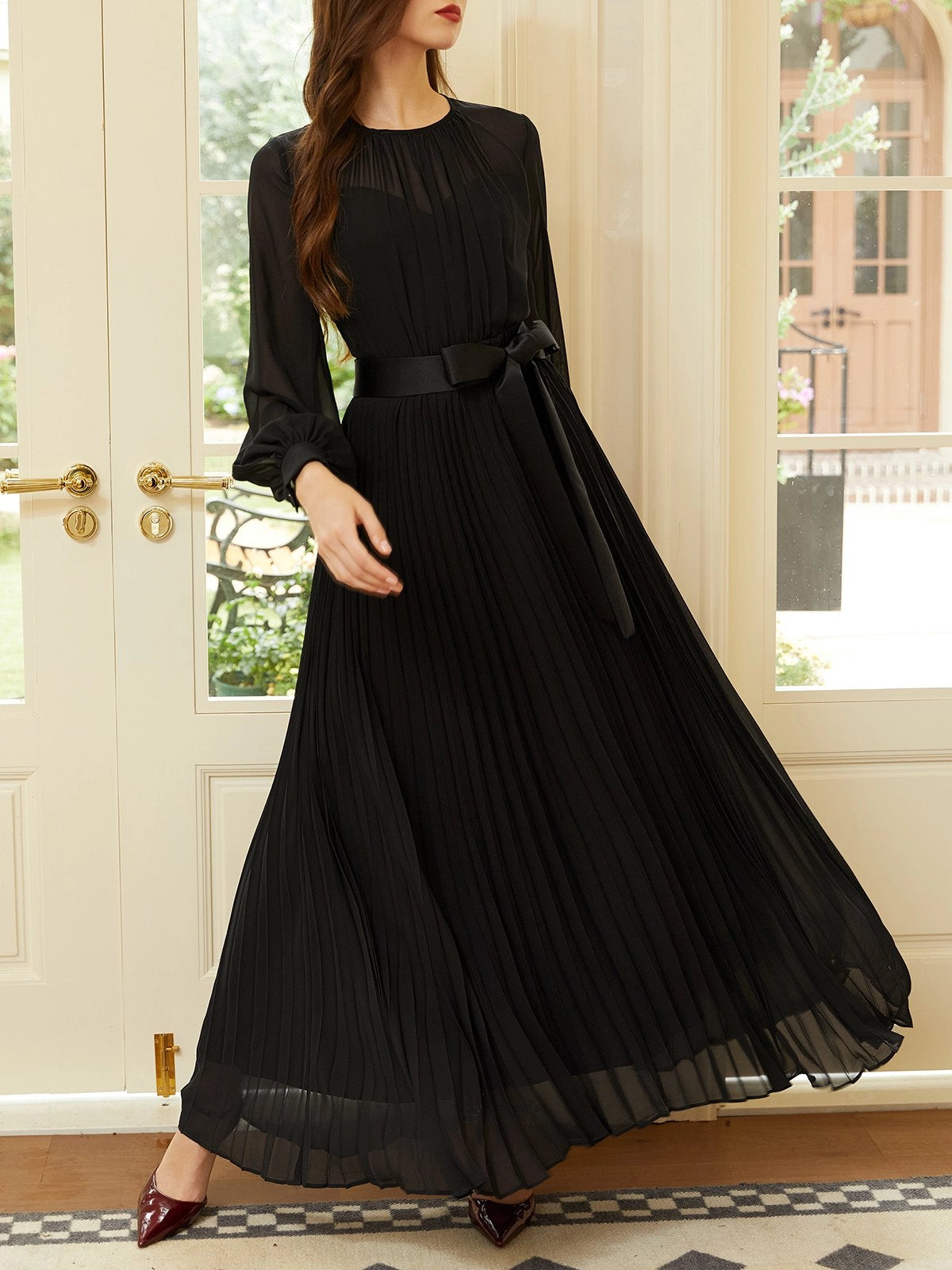 Black Pleated Mesh Chiffon Crew Neck Long Sleeve Balloon Sleeve A-Line Maxi Dress simple gentle atmospheric and unique desi Bring summer colors to enhance whiteness
