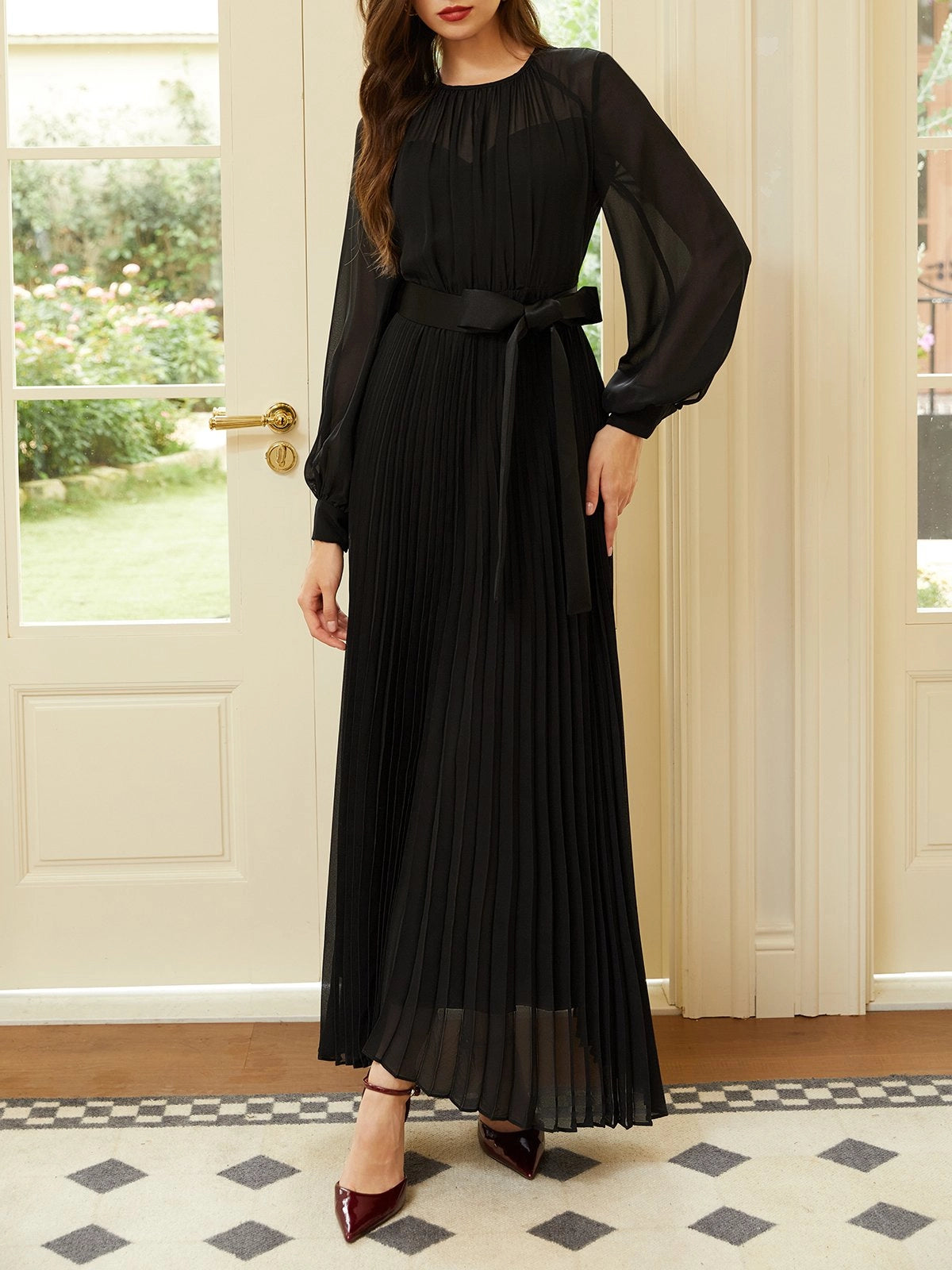 Black Pleated Mesh Chiffon Crew Neck Long Sleeve Balloon Sleeve A-Line Maxi Dress simple gentle atmospheric and unique desi Bring summer colors to enhance whiteness