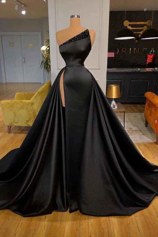 Black Prom Dress Overskirt Long With High Split Simple gentle atmospheric and unique design