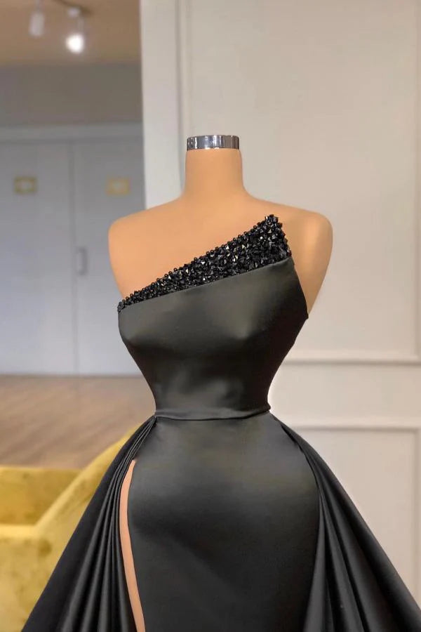 Black Prom Dress Overskirt Long With High Split Simple gentle atmospheric and unique design