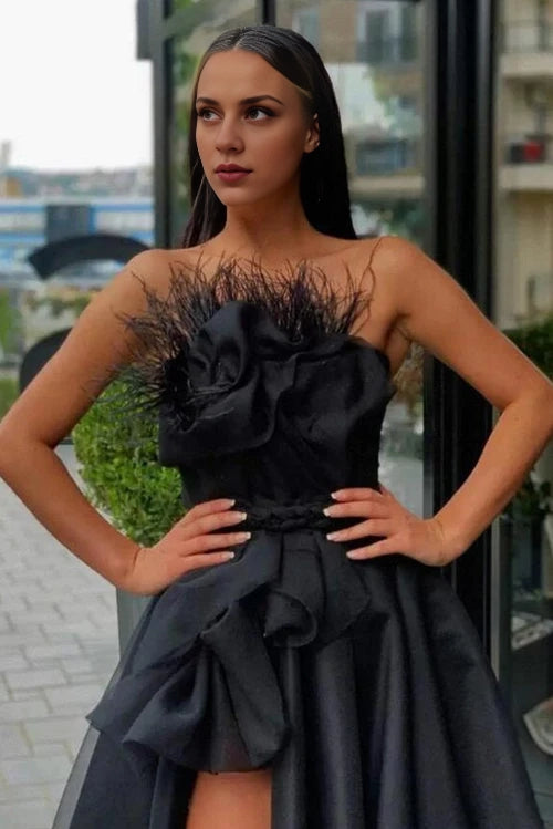 Black Prom Dress Split Long With Feather Simple gentle atmospheric and unique design