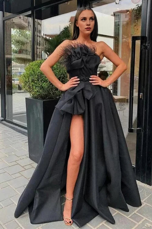 Black Prom Dress Split Long With Feather Simple gentle atmospheric and unique design