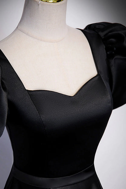Black Satin Floor Length Prom Dress Simple Black Short Sleeve Evening Dress simple gentle atmospheric and unique desi Bring summer colors to enhance white