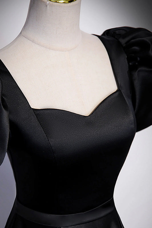 Black Satin Floor Length Prom Dress Simple Black Short Sleeve Evening Dress simple gentle atmospheric and unique desi Bring summer colors to enhance white