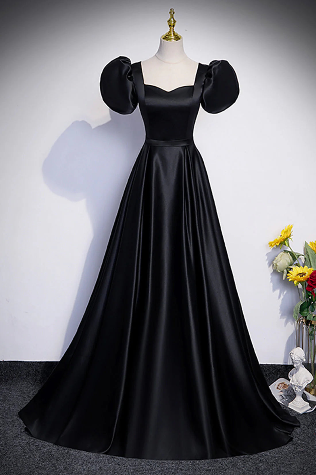 Black Satin Floor Length Prom Dress Simple Black Short Sleeve Evening Dress simple gentle atmospheric and unique desi Bring summer colors to enhance white