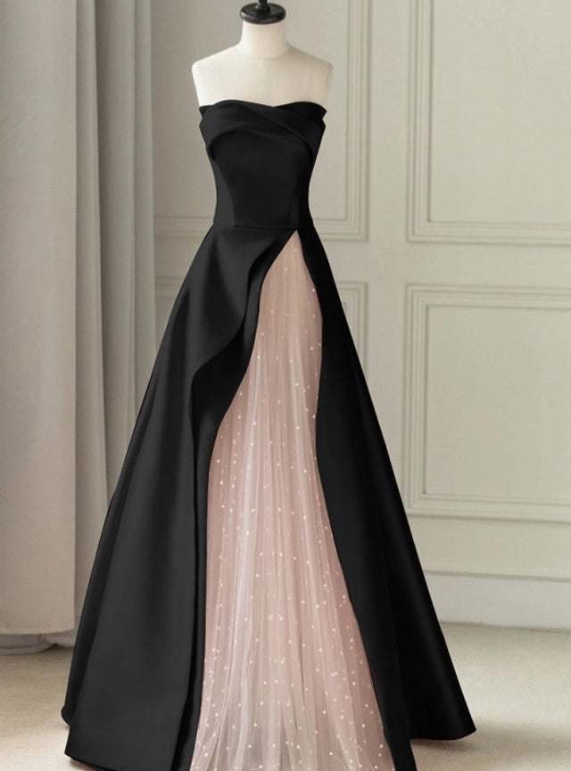 Black Satin Pink Tulle Strapless Prom Dress simple gentle atmospheric and unique desi Bring summer colors to enhance whiteness