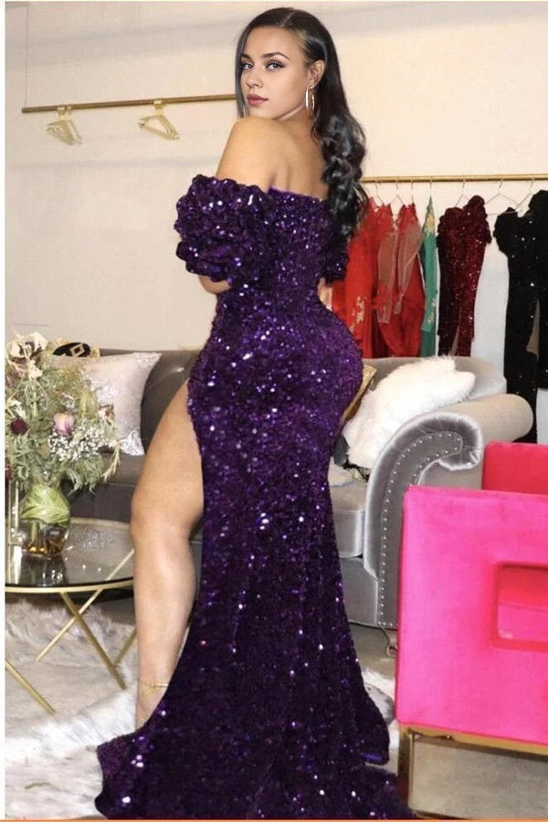 Black Sequins Hi-Lo Prom Dress Off-the-Shoulder Long Simple gentle atmospheric and unique design