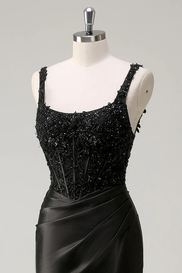 Black Sheath Spaghetti Straps Corset Beaded Long Prom Dress with Slit simple gentle atmospheric and unique desi Bring summer colors to enhance whiteness