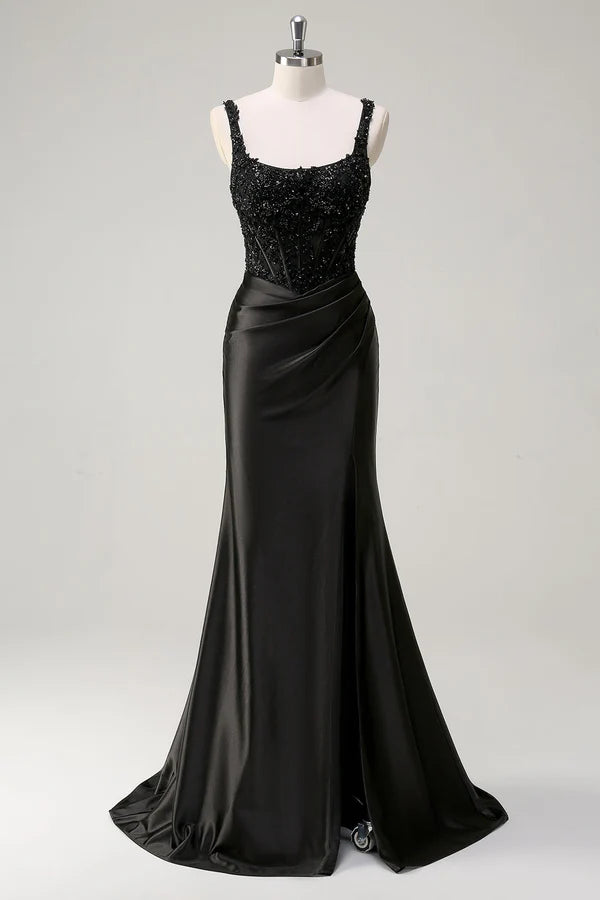 Black Sheath Spaghetti Straps Corset Beaded Long Prom Dress with Slit simple gentle atmospheric and unique desi Bring summer colors to enhance whiteness