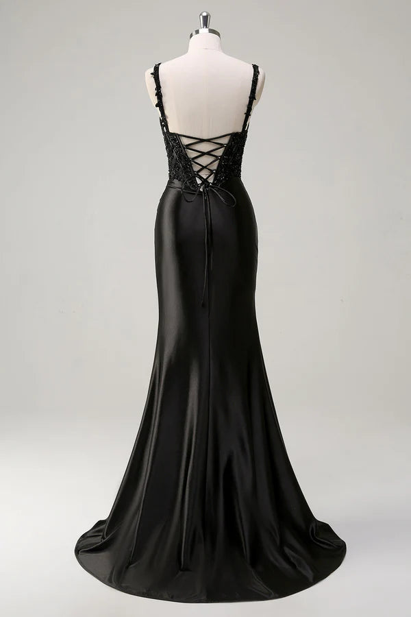 Black Sheath Spaghetti Straps Corset Beaded Long Prom Dress with Slit simple gentle atmospheric and unique desi Bring summer colors to enhance whiteness