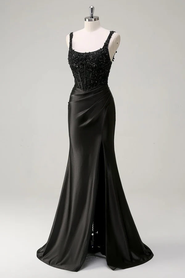 Black Sheath Spaghetti Straps Corset Beaded Long Prom Dress with Slit simple gentle atmospheric and unique desi Bring summer colors to enhance whiteness