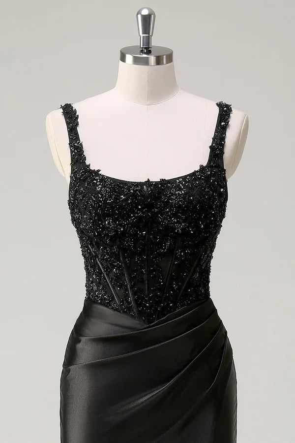 Black Sheath Spaghetti Straps Corset Beaded Long Prom Dress with Slit simple gentle atmospheric and unique desi Bring summer colors to enhance whiteness