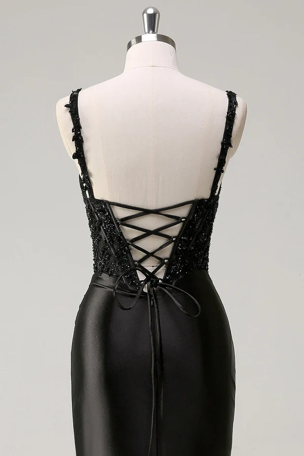 Black Sheath Spaghetti Straps Corset Beaded Long Prom Dress with Slit simple gentle atmospheric and unique desi Bring summer colors to enhance whiteness