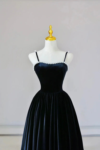 Black Spaghetti Strap Velvet Long Prom Dress with Pearls A-Line Evening Dress Party Dress simple gentle atmospheric and unique desi Bring summer colors to enhance white
