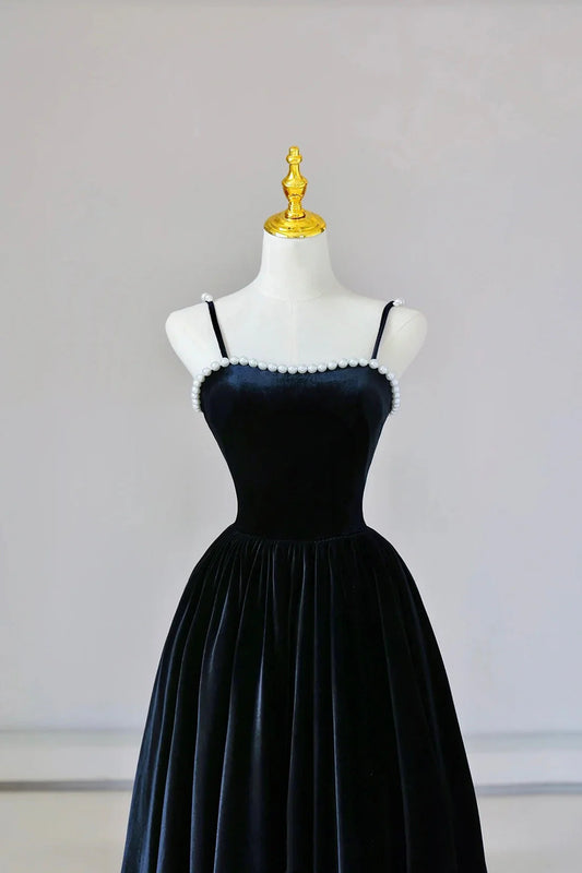 Black Spaghetti Strap Velvet Long Prom Dress with Pearls A-Line Evening Dress Party Dress simple gentle atmospheric and unique desi Bring summer colors to enhance white