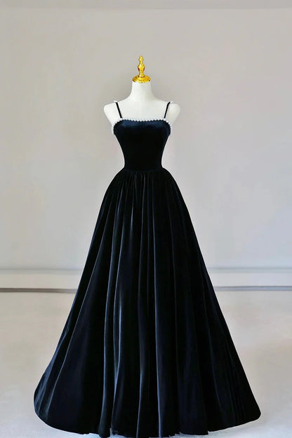 Black Spaghetti Strap Velvet Long Prom Dress with Pearls A-Line Evening Dress Party Dress simple gentle atmospheric and unique desi Bring summer colors to enhance white