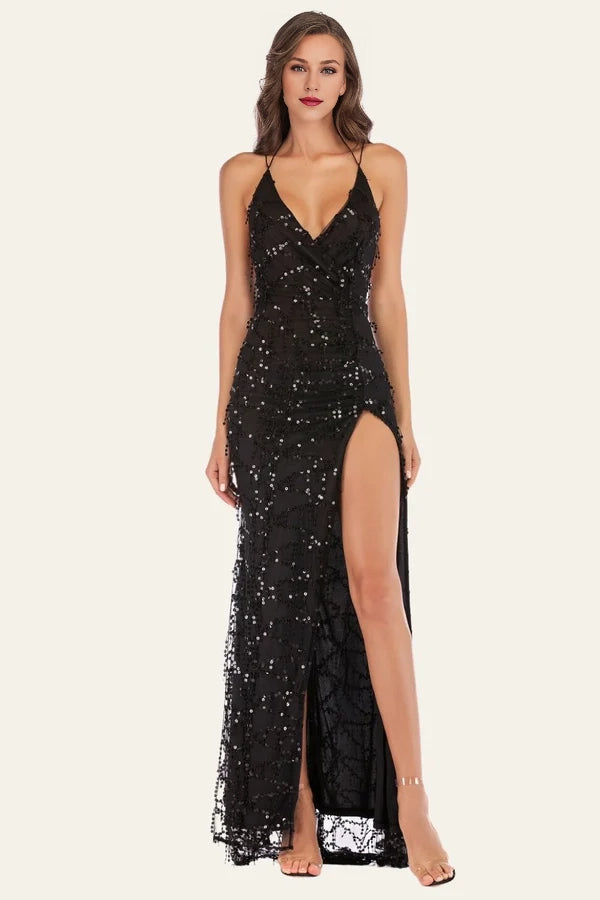 Black Spaghetti Straps V-Neck Backless Fringed Sequin Dress With Slit Simple gentle atmospheric and unique design