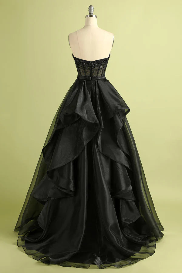 Black Strapless Ball Gown Evening Dress with Beading Simple gentle atmospheric and unique design ﻿