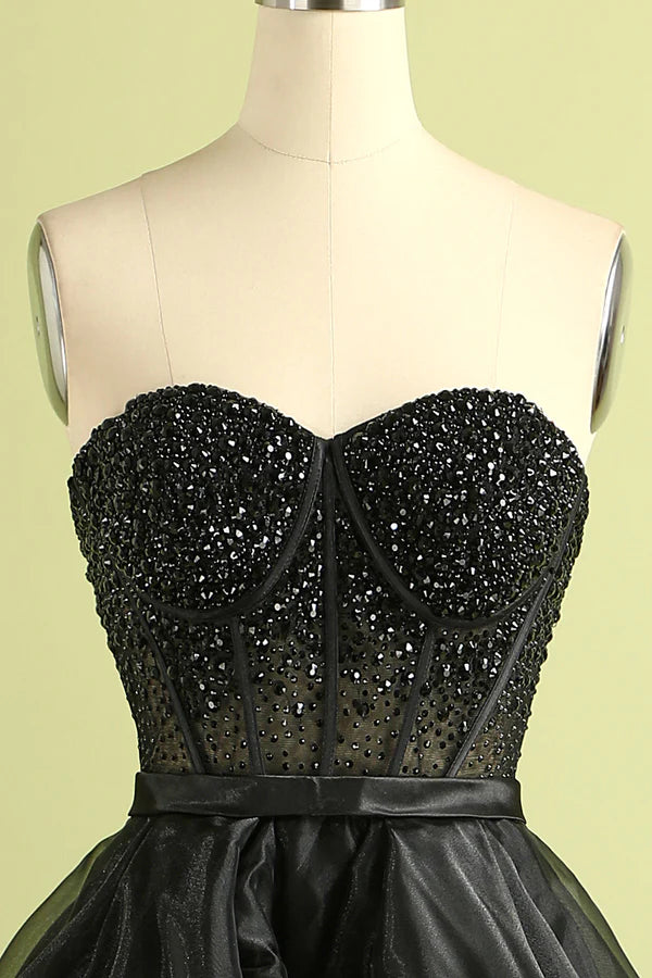 Black Strapless Ball Gown Evening Dress with Beading Simple gentle atmospheric and unique design ﻿