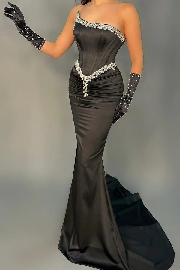 Black Strapless Mermaid Prom Dress Long With Beads Simple gentle atmospheric and unique design