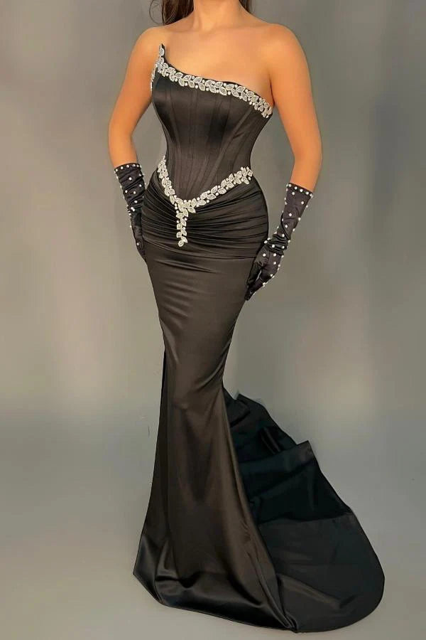 Black Strapless Mermaid Prom Dress Long With Beads Simple gentle atmospheric and unique design